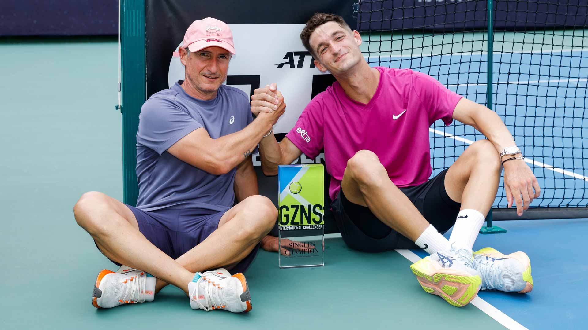<a href='https://www.atptour.com/en/players/terence-atmane/a0gc/overview'>Terence Atmane</a> with coach <a href='https://www.atptour.com/en/players/guillaume-peyre/pa31/overview'>Guillaume Peyre</a>.