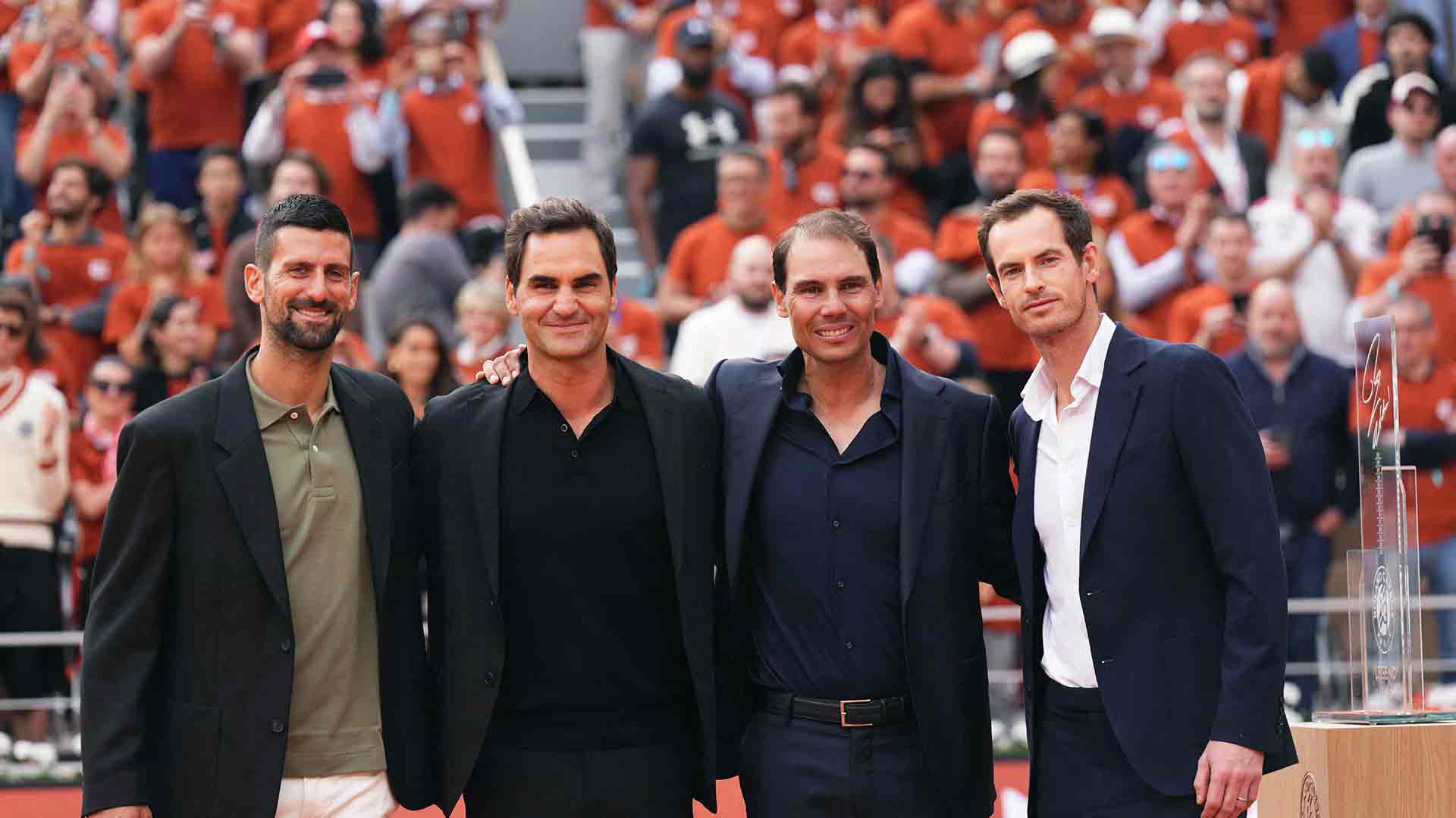 Novak Djokovic, Roger Federer, Rafael Nadal y Andy Murray en la Philippe Chatrier.