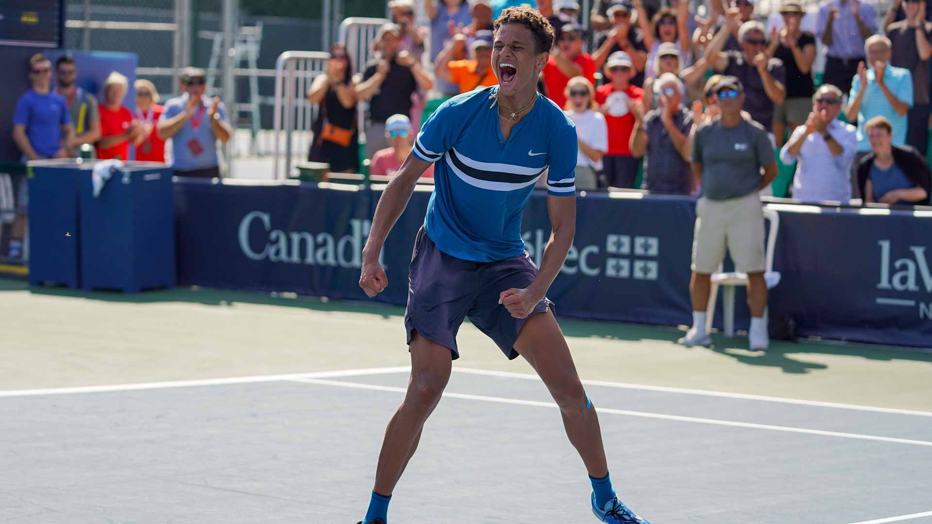 Gabriel Diallo celebrates his first ATP Challenger Tour title in Granby, Canada.