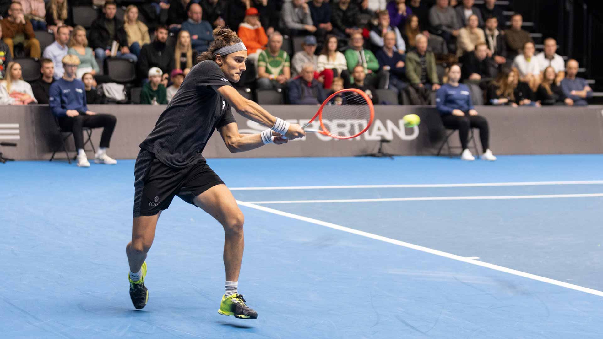 Italian Mattia Bellucci in action at the 2022 Vilnius Challenger.