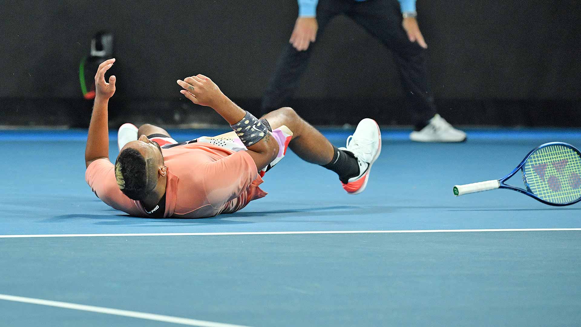 Nick Kyrgios celebrates his five-set win over Karen Khachanov.
