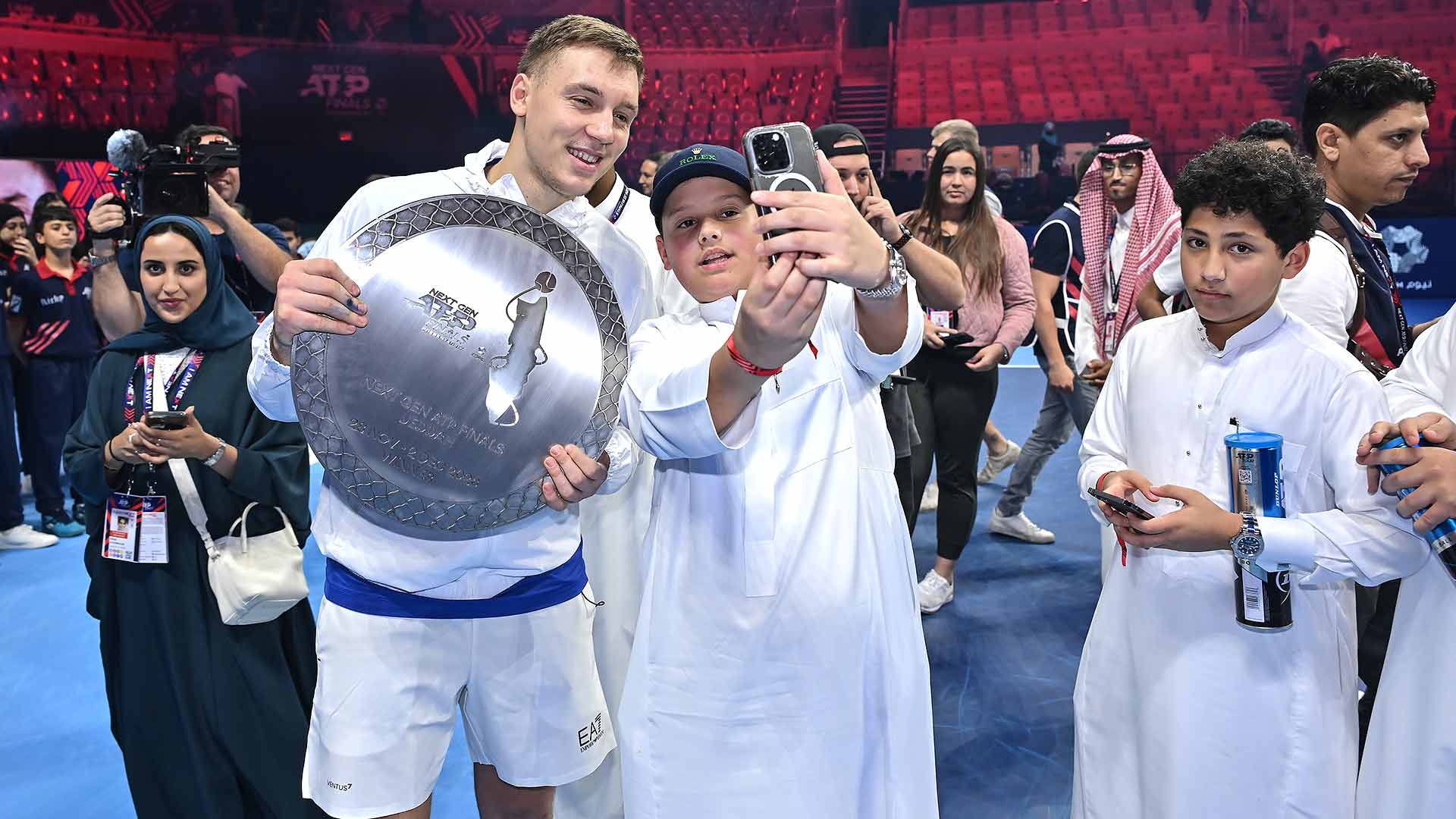 Hamad Medjedovic celebrates his Next Gen ATP Finals title with Jeddah fans.