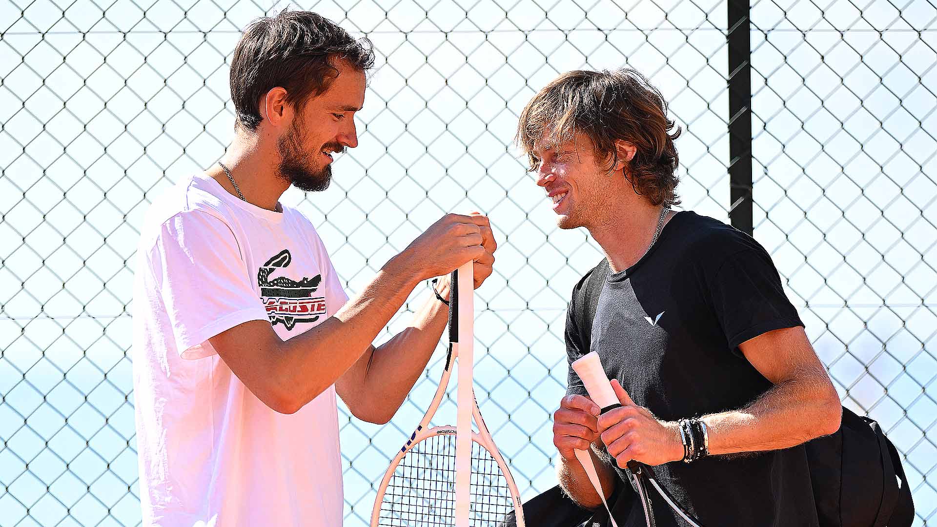 Daniil Medvedev and Andrey Rublev at practice together in Monte-Carlo.