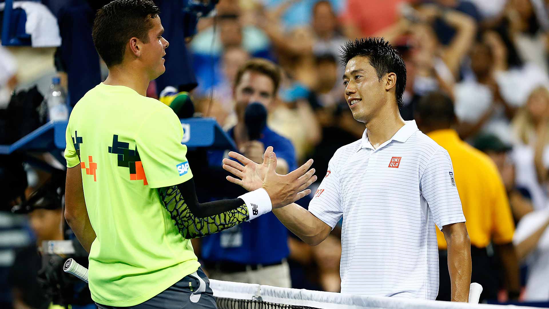 Milos Raonic and Kei Nishikori finish their marathon match at the 2014 US Open at a record-tying 2:26am local time. 