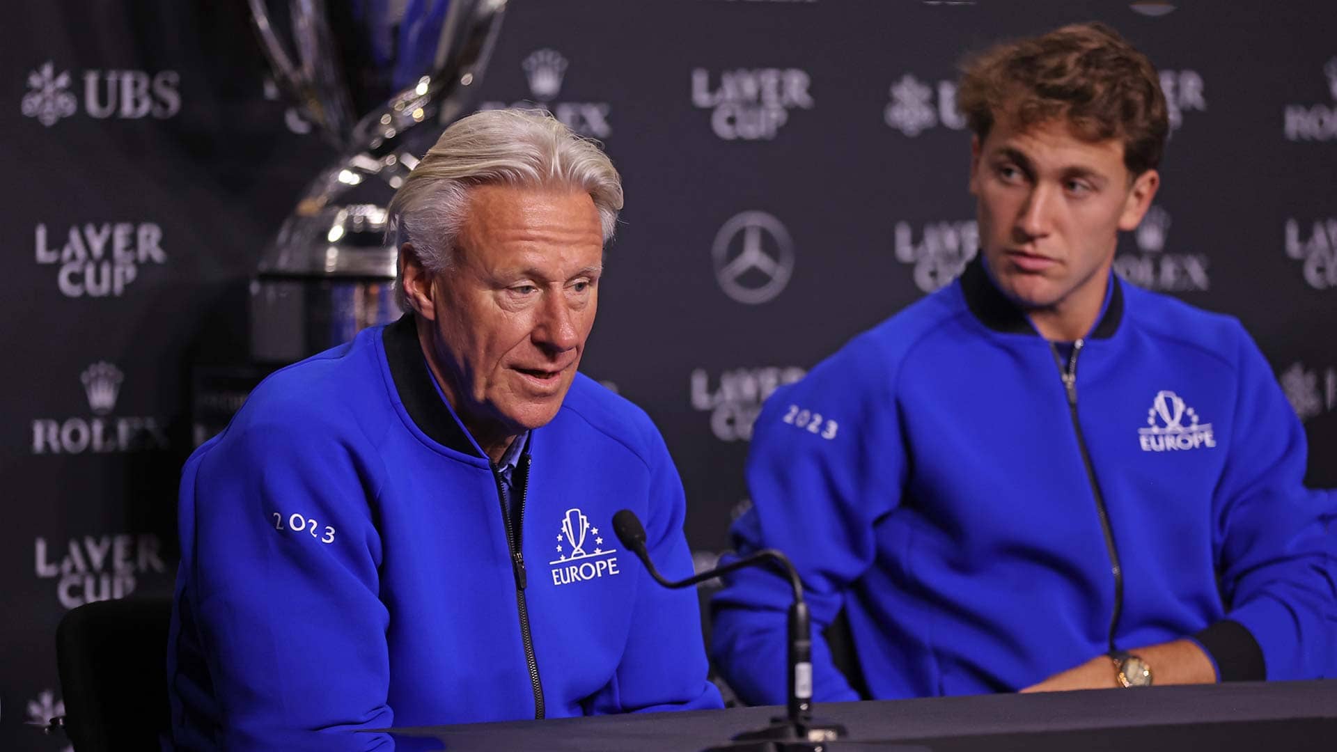 Captain Bjorn Borg and Casper Ruud at Team Europe's pre-Laver Cup press conference on Thursday in Vancouver.