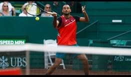 Nick Kyrgios hits 16 aces in the final two sets of his Houston first-round win.