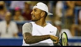 Nick Kyrgios saves all four break points against him in his second-round Washington win.