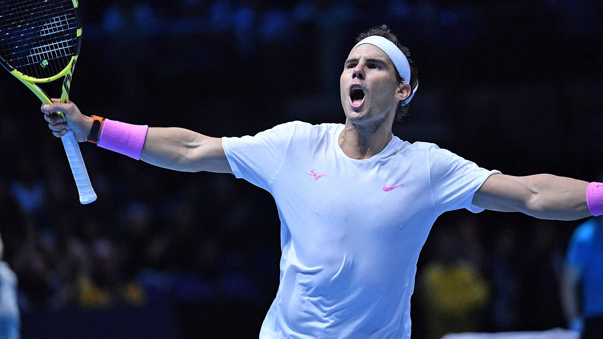 <a href='https://www.atptour.com/en/players/rafael-nadal/n409/overview'>Rafael Nadal</a> celebrates his comeback win over <a href='https://www.atptour.com/en/players/stefanos-tsitsipas/te51/overview'>Stefanos Tsitsipas</a>.