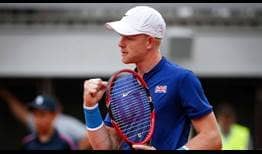 Kyle Edmund celebrates a point on his way to a straight-sets result over Janko Tipsarevic in Great Britain's Davis Cup quarter-final with Serbia.