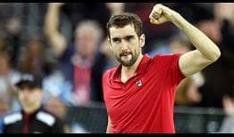 Marin Cilic celebrates winning the opening rubber for Croatia in the Davis Cup final against Argentina on Friday.