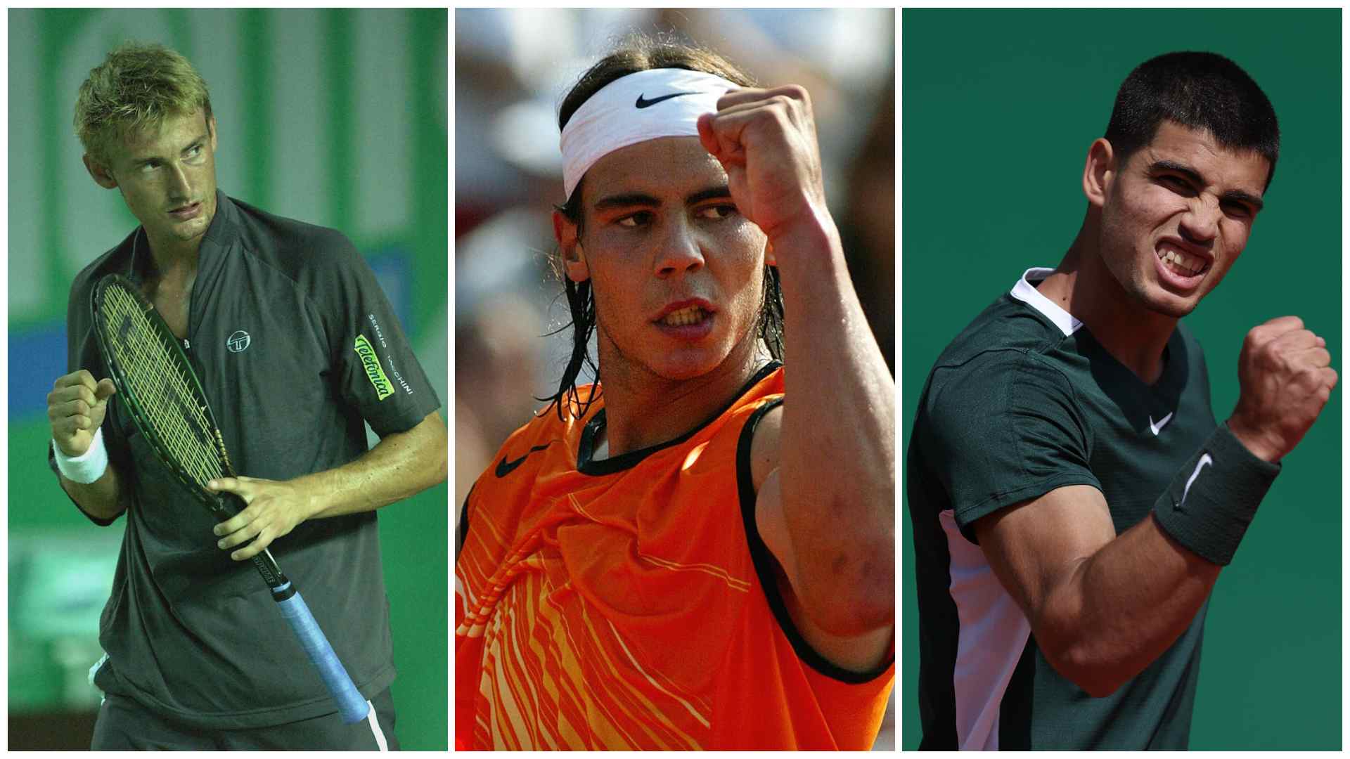Juan Carlos Ferrero, Rafael Nadal y Carlos Alcaraz, los españoles que han subido al No. 1 del PIF ATP Rankings este siglo.