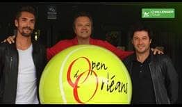 Nicolas Escude (left) and Sebastien Grosjean (right) join tournament director Didier Gerard as Open d'Orleans ambassadors.
