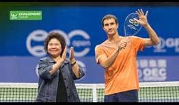 Evgeny Donskoy lifts his second ATP Challenger Tour trophy of the year in Kaohsiung, Taiwan.