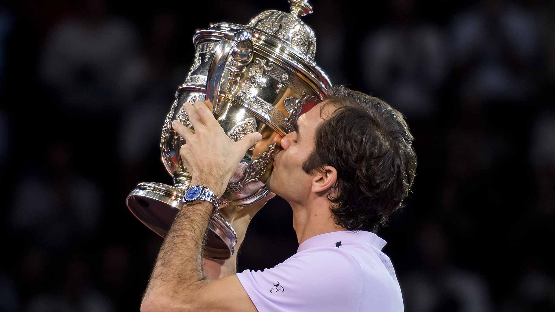 Roger Federer celebrates his eighth Basel title after defeating Juan Martin del Potro in the final.