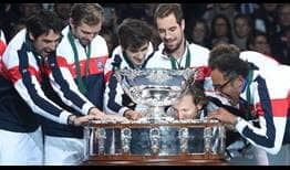 France celebrates its 10th Davis Cup title after defeating Belgium, 3-2.