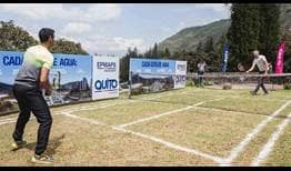 Ivo Karlovic and Rogerio Dutra Silva take part in a mini-tennis exhibition ahead of the Ecuador Open in Quito.