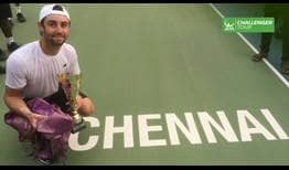 Jordan Thompson lifts the trophy at the ATP Challenger Tour event in Chennai, India.