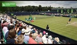 A packed crowd watches home hope Dan Evans face Canada's Brayden Schnur in the Nottingham quarter-finals.