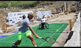 Serbia's Dusan Lajovic joins Turkish wheelchair tennis star Büşra Ün at the nearby Roman ruins ahead of the Turkish Airlines Open Antalya.