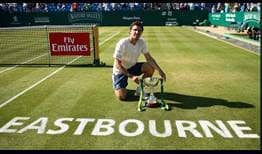 Mischa Zverev celebrates his maiden ATP World Tour title in Eastbourne.