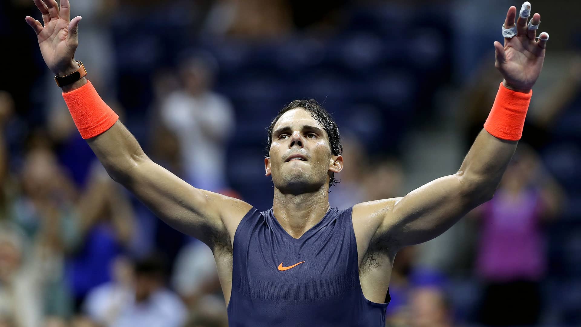 World No. 1 and three-time champion Rafael Nadal celebrates beating Dominic Thiem after their epic five-set US Open quarter-final win.