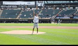 Reilly Opelka throws out the first pitch at the Chicago White Sox game.