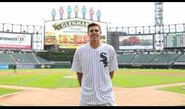 Reilly Opelka throws out the first pitch at the Chicago White Sox game.