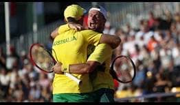Australia's John Peers and Lleyton Hewitt defeat Oliver Marach and Jurgen Melzer of Austria in the Davis Cup World Group Play-offs on Saturday.