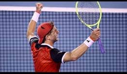 Jan-Lennard Struff celebrates winning an epic three-hour encounter on Thursday against Pablo Carreno Busta for a place in the Auckland semi-finals.
