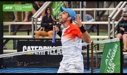 Steven Diez celebrates his maiden ATP Challenger Tour title in Burnie, Australia.