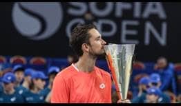 Daniil Medvedev celebrates taking the title at the Sofia Open.