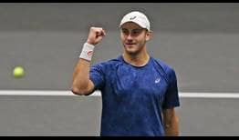 Brayden Schnur Wednesday celebrates his first victory against a Top 50 opponent in the ATP Rankings after beating Steve Johnson.