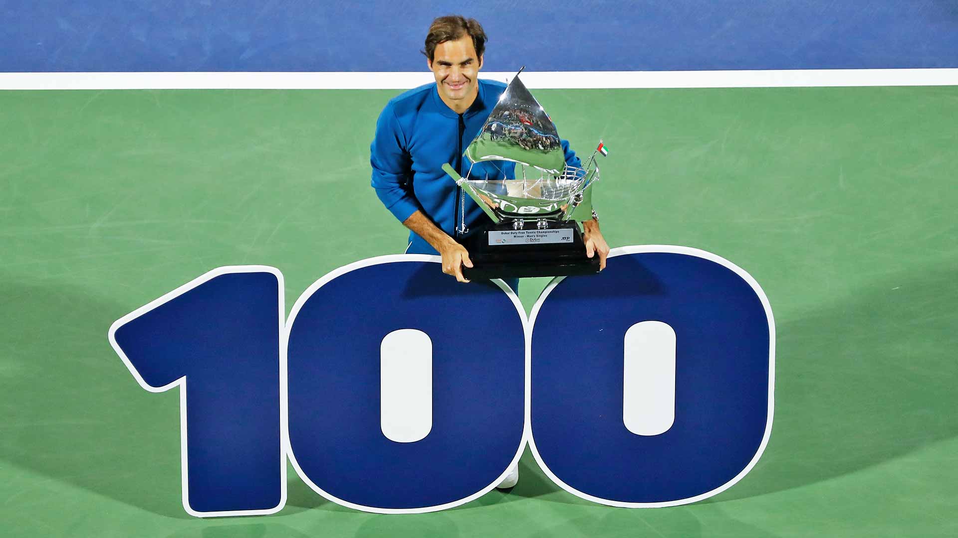 <a href='https://www.atptour.com/en/players/roger-federer/f324/overview'>Roger Federer</a> celebrates his 100th title after triumphing in Dubai