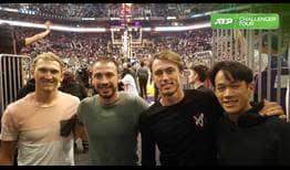 (L-R) Mitchell Krueger, Pedja Krstin, John Millman and Jason Jung attend a Suns basketball game during the Phoenix Challenger.