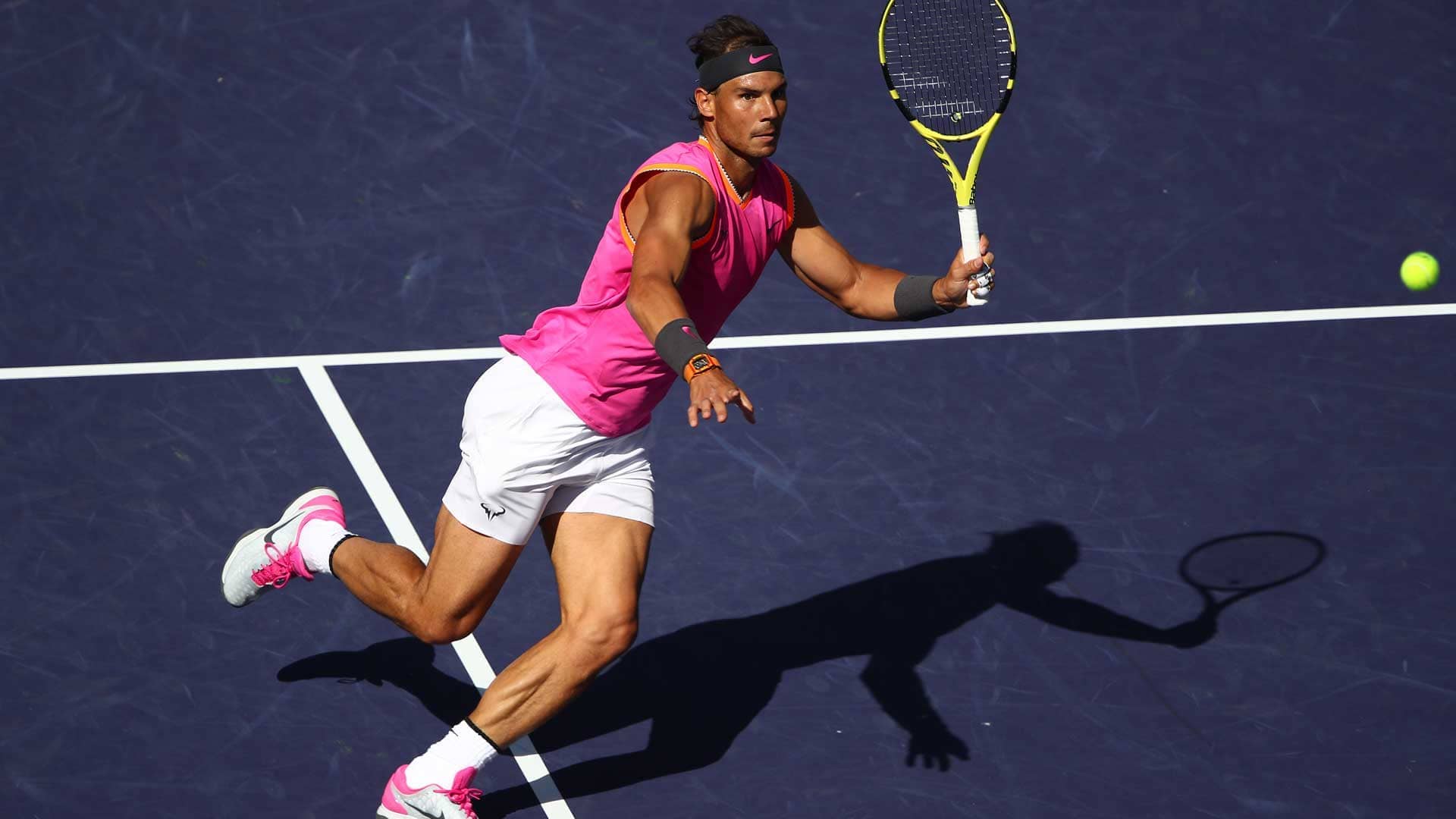 <a href='https://www.atptour.com/en/players/rafael-nadal/n409/overview'>Rafael Nadal</a> hits a volley in his Indian Wells quarter-final against <a href='https://www.atptour.com/en/players/karen-khachanov/ke29/overview'>Karen Khachanov</a>.