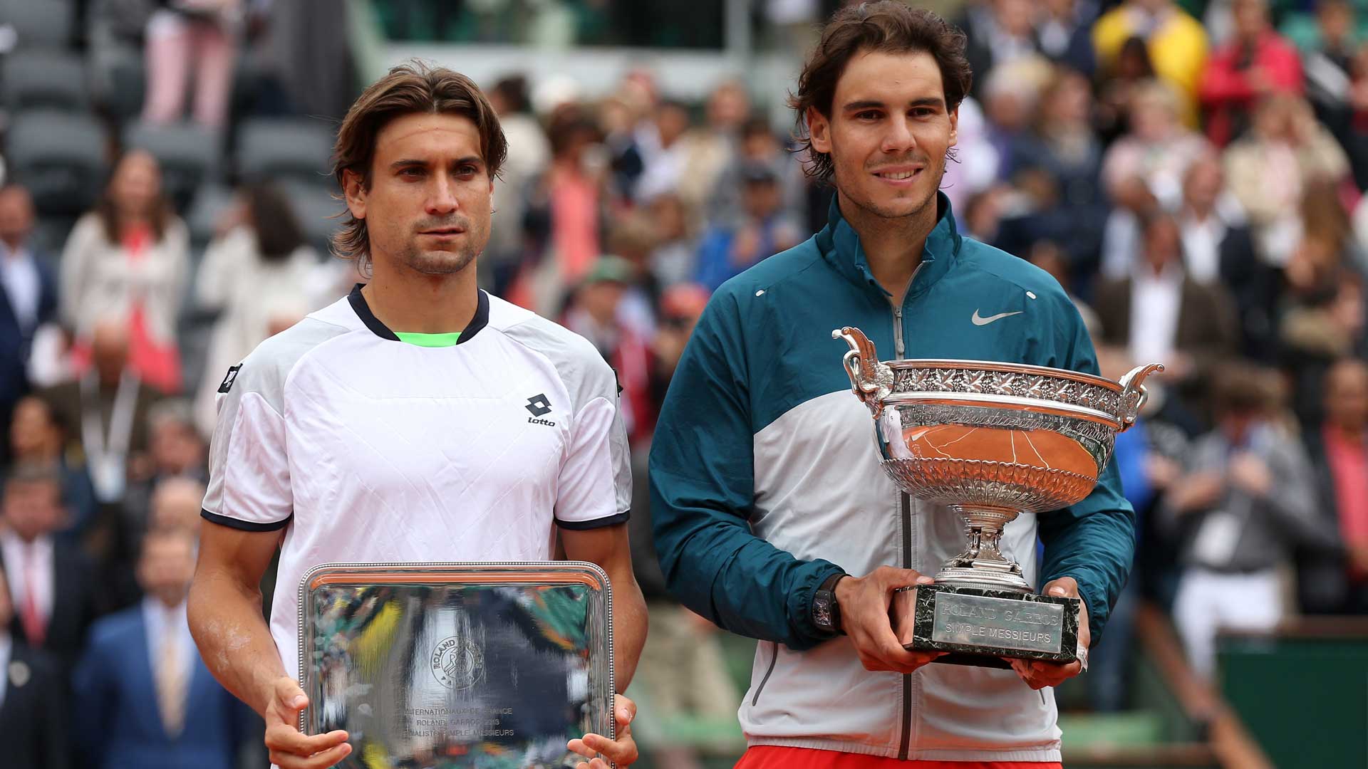 <a href='https://www.atptour.com/en/players/david-ferrer/f401/overview'>David Ferrer</a> and <a href='https://www.atptour.com/en/players/rafael-nadal/n409/overview'>Rafael Nadal</a> at the 2013 <a href='https://www.atptour.com/en/tournaments/roland-garros/520/overview'>Roland Garros</a> final