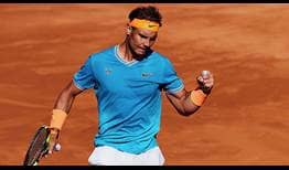 Rafael Nadal celebra con emoción una victoria en el Barcelona Open Banc Sabadell.
