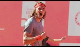 Stefanos Tsitsipas saves eight of 13 break points to beat David Goffin in three sets at the Millennium Estoril Open on Saturday.