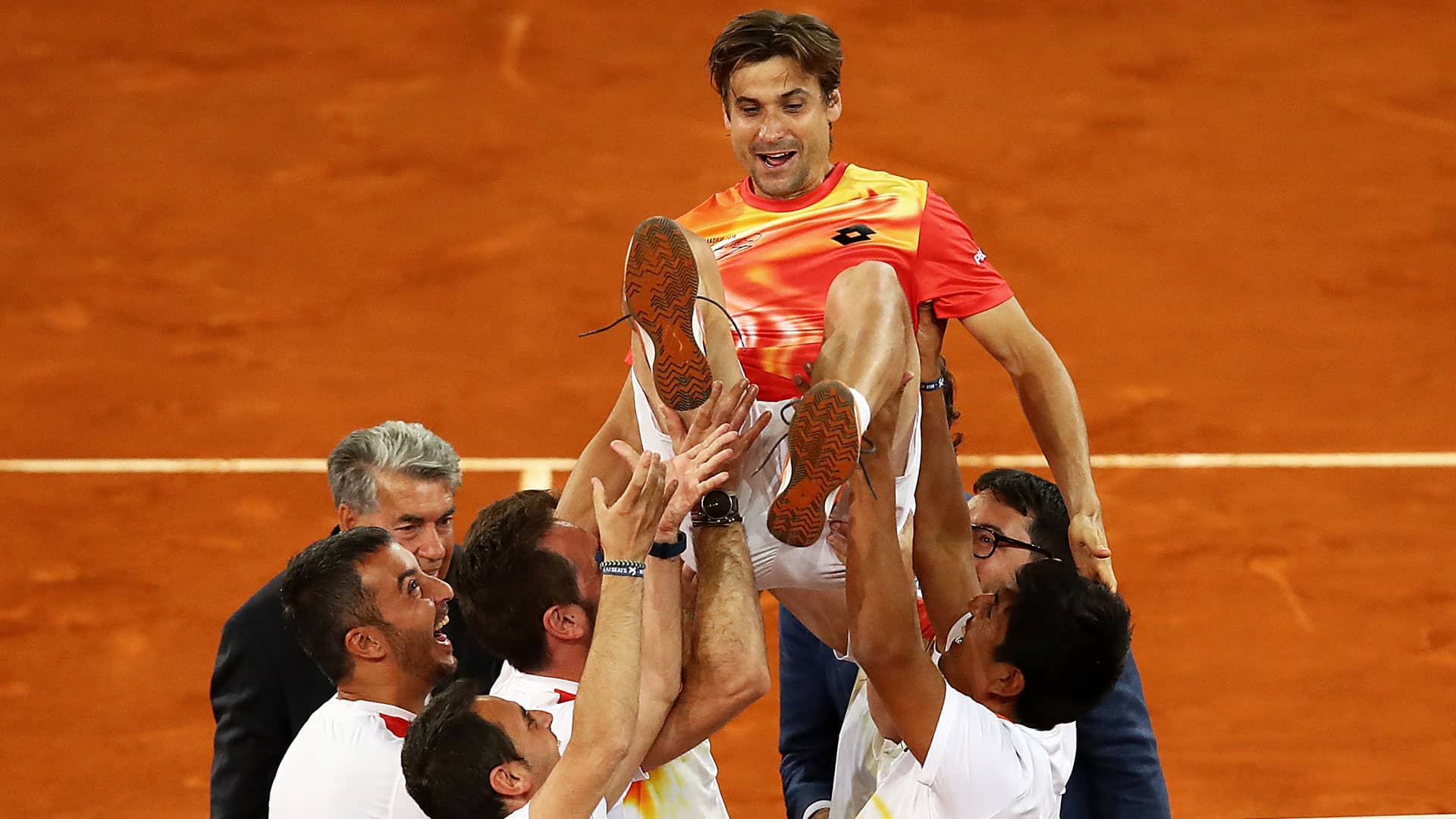 <a href='https://www.atptour.com/en/players/david-ferrer/f401/overview'>David Ferrer</a> reacts during his retirement ceremony in Madrid.