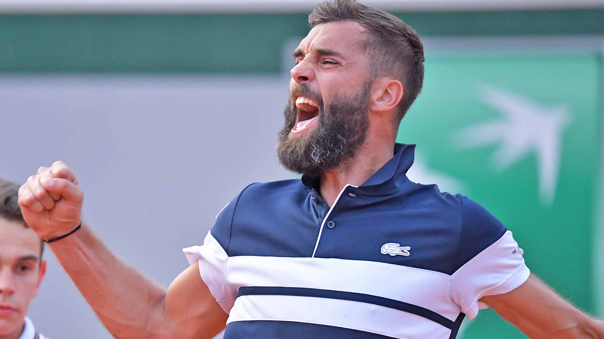 <a href='https://www.atptour.com/en/players/benoit-paire/pd31/overview'>Benoit Paire</a> celebrates after winning the second set from <a href='https://www.atptour.com/en/players/kei-nishikori/n552/overview'>Kei Nishikori</a> in their fourth-round match at <a href='https://www.atptour.com/en/tournaments/roland-garros/520/overview'>Roland Garros</a>.
