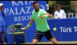 Fifth seed and defending champion Damir Dzumhur loses just seven of his first-service points to beat Altug Celikbilek on Tuesday in Antalya.