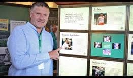 Yevgeny Kafelnikov, who reached World No. 1 in singles and No. 4 in doubles, celebrates his induction into the International Tennis Hall of Fame on Saturday in Newport.