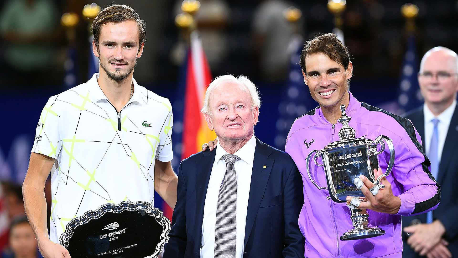 Daniil Medvedev, Rod Laver and Rafael Nadal at the US Open