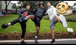 Cristian Garin, Felix Auger-Aliassime and Grigor Dimitrov visit pandas at the Chengdu Research Base of Giant Panda Breeding on Tuesday.