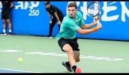 Pablo Carreno Busta converts both his break-point opportunities to beat Denis Shapovalov at the Chengdu Open on Saturday.