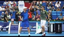 Matwe Middelkoop and Marcelo Demoliner celebrate reaching their first ATP Tour doubles final as a team in Zhuhai