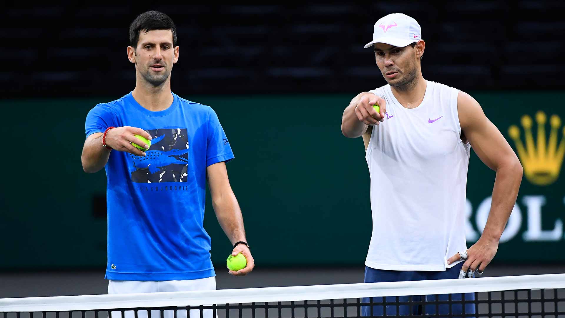 <a href='https://www.atptour.com/en/players/novak-djokovic/d643/overview'>Novak Djokovic</a> and <a href='https://www.atptour.com/en/players/rafael-nadal/n409/overview'>Rafael Nadal</a> practise together ahead of the <a href='https://www.atptour.com/en/scores/archive/paris/352/2021/results'>Rolex Paris Masters</a>.