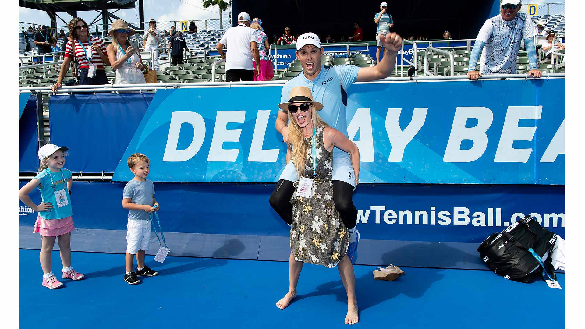 Peter Staples' Best of 2019 pick: <a href='https://www.atptour.com/en/players/bob-bryan/b588/overview'>Bob Bryan</a> receives a piggyback ride from wife Michelle after winning his first title since returning from hip surgery. 