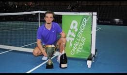 Tomas Machac celebrates his maiden ATP Challenger Tour title in Koblenz.