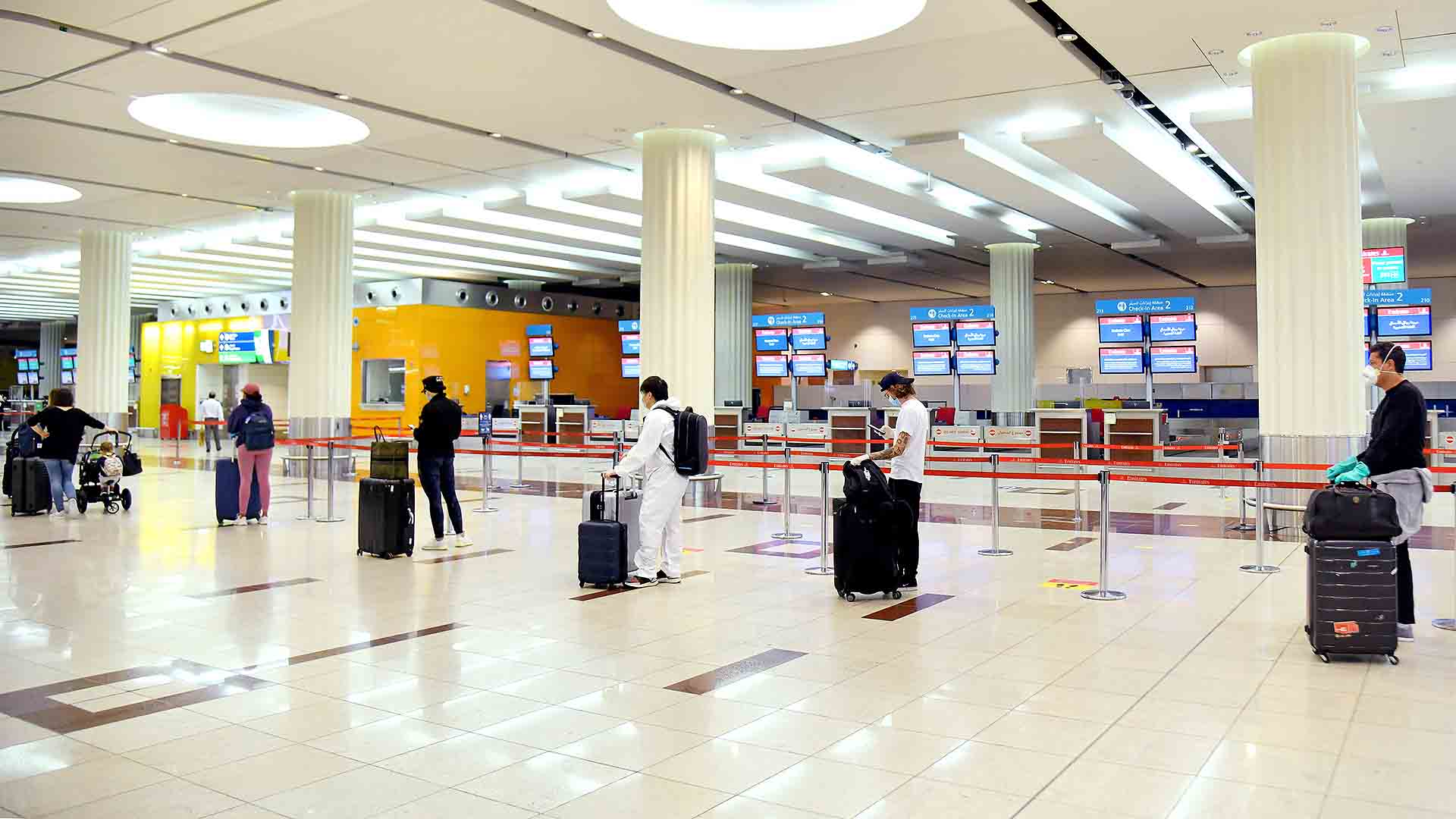At Dubai International Airport, physical distancing indicators have been placed on the ground and at waiting areas. 
